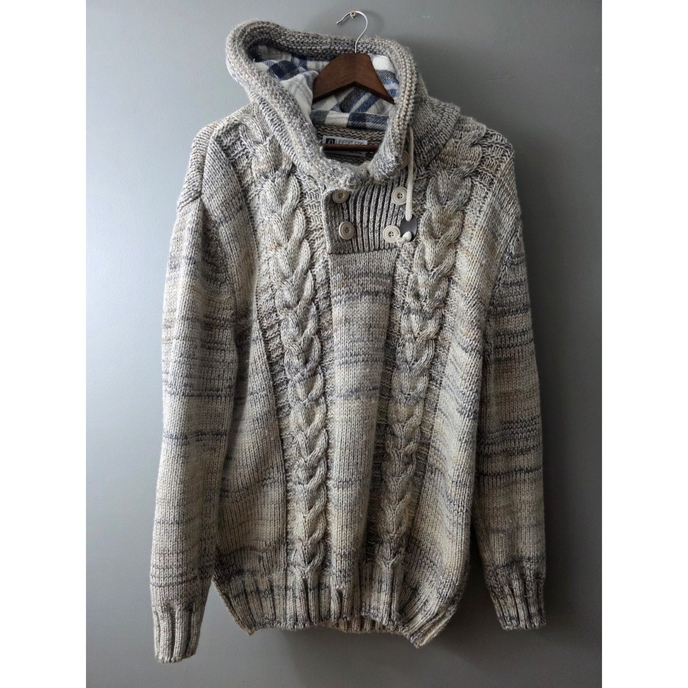 Leif Nelson Mens 4XL Cable Knit Hoodie Sweater Beige Grey Marled Button Neck